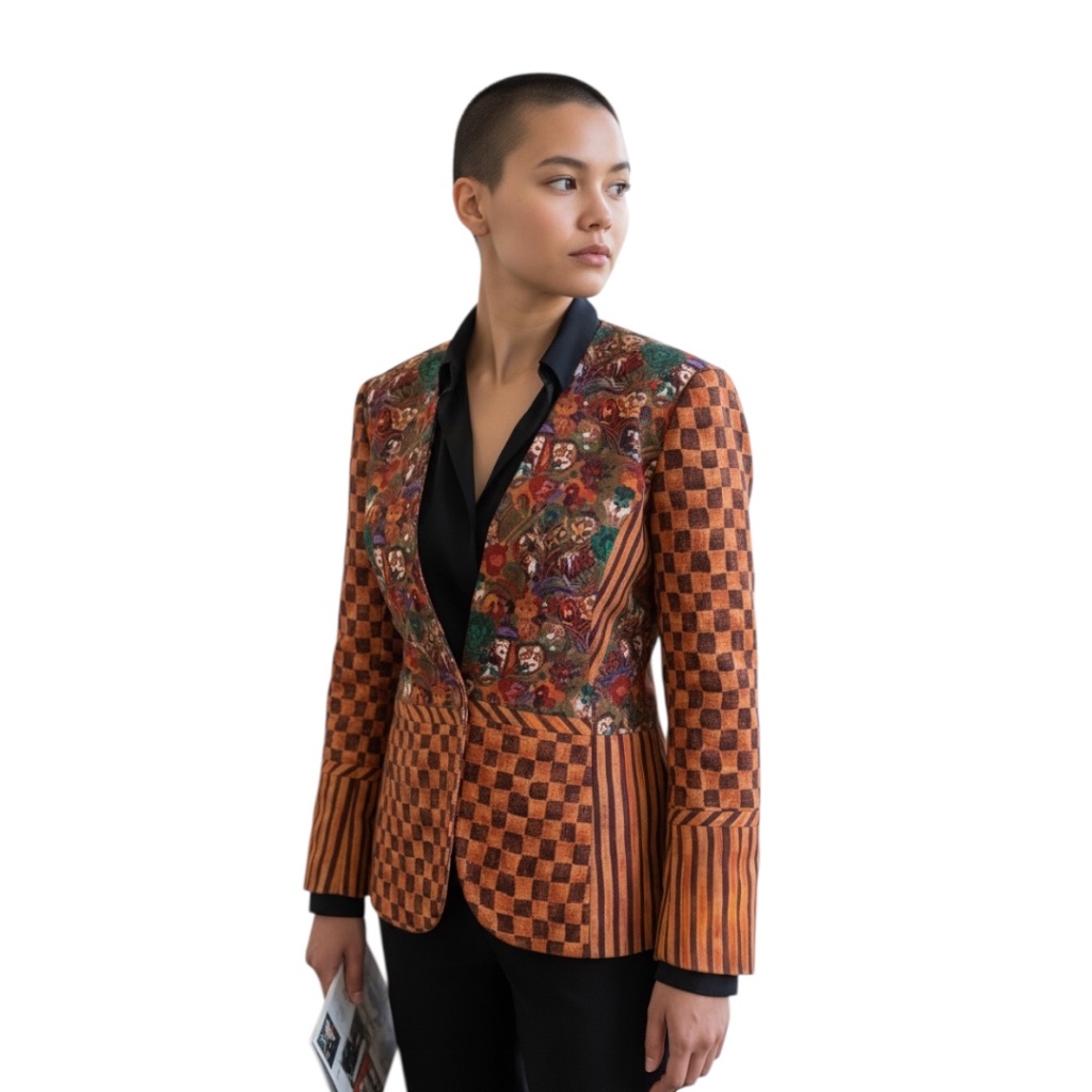 Vintage Marie Studer Designs Checkered Crowd Of Faces Multicolor Women'sblazer